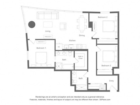 Floor plan for 2 beds, 2 baths, 1293 sqft
